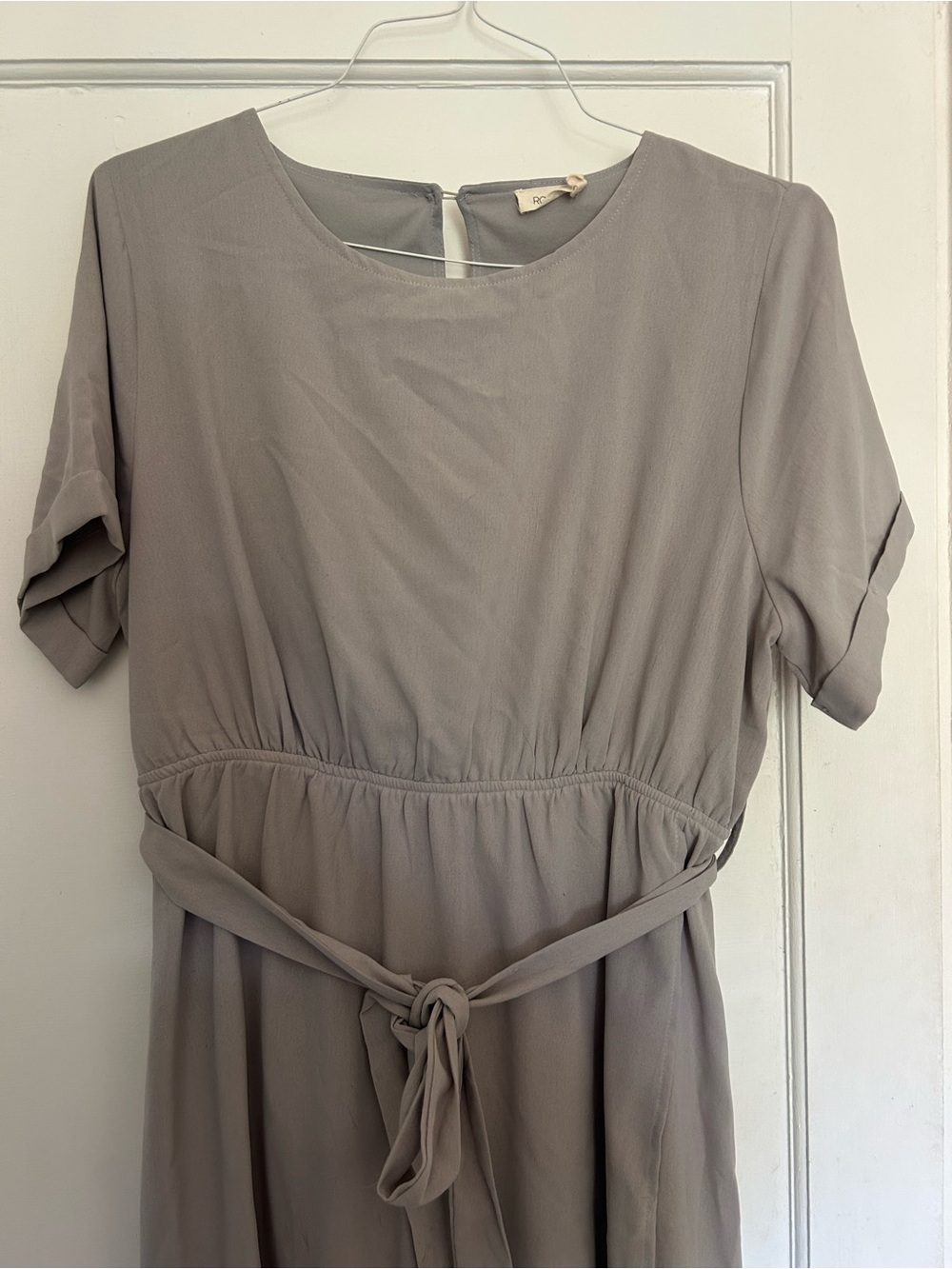 Roolee Taupe Short-Sleeve Tie-Waist Midi Dress